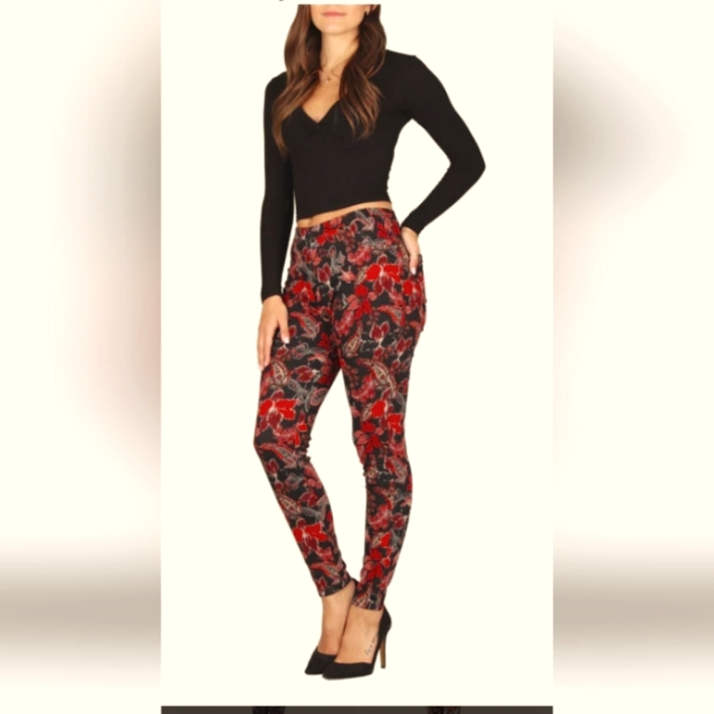 Women's Sexy Red Paisley & Floral Print Stretchy Cotton Jeggings